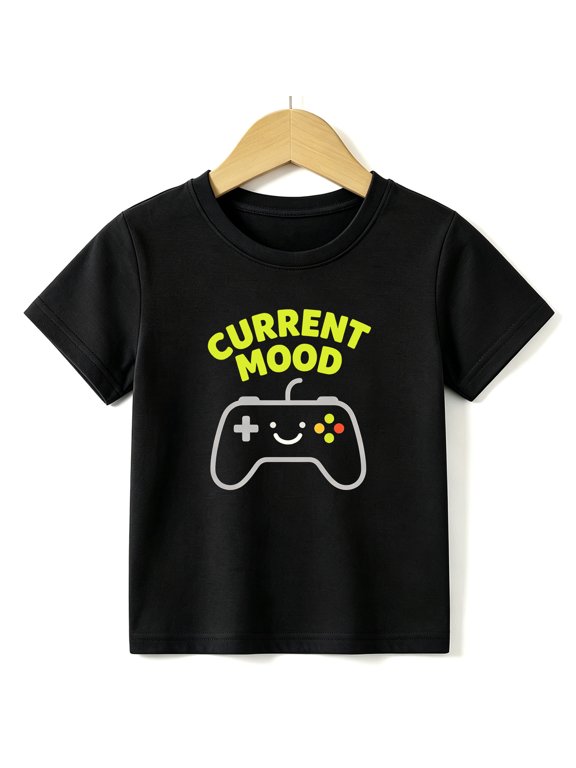 Boys Graphic Tees Current Mood Gamer Controller Kids T Shirt Fun 100% Cotton Short Sleeve Soft Tops 4-13Y Black