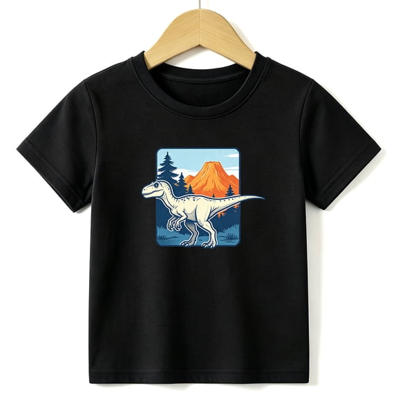 Boys Graphic Tees Dinosaur Mountain Kids T Shirt Outdoor Adventure 100% Cotton Short Sleeve Soft Tops 4-13Y Black