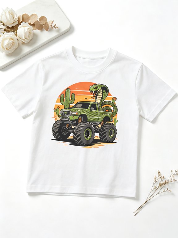 Boys Graphic Tees Giant Green Snake Desert Monster Truck Short Sleeve Kids T-Shirt, 100% Cotton Soft Casual Tops for Children