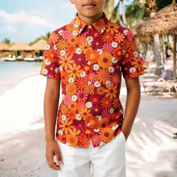 Boys Graphic Tees Graphic Print Crew Neck Short Sleeve Button Down Tropical Shirt Tops for Vacation Wear Boys' Tops Tees Shirts Orange 2 Years-3 Years