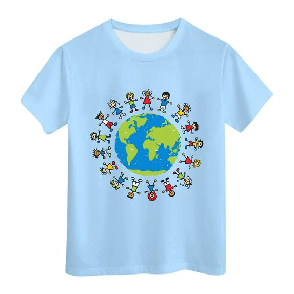 Boys Graphic Tees Kids Summer Breathable Short Sleeve Tops Children Earth Cartoon Printed Children's Day T Shirt Summer Tops Sky Blue 2 Years-3 Years