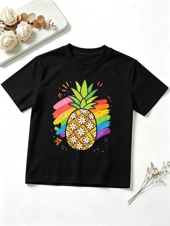 Boys Graphic Tees Rainbow Pineapple Summer Tropical Short Sleeve Kids T-Shirt, 100% Cotton Soft Casual Tops for Children