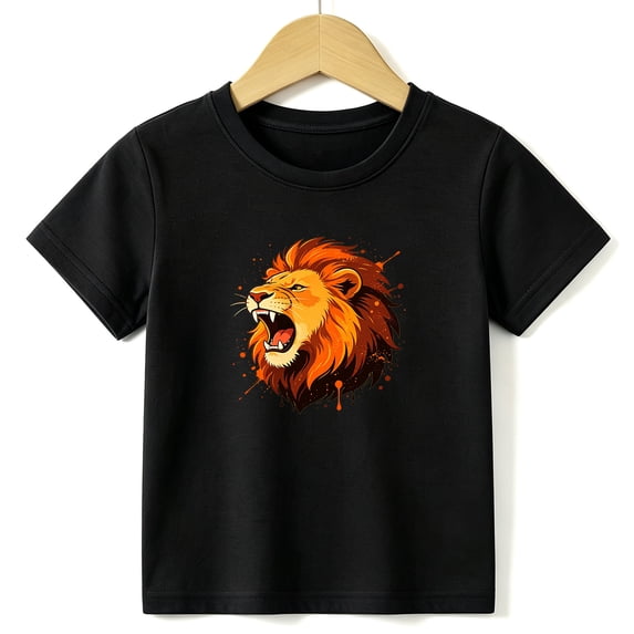 Boys Graphic Tees Roaring Lion Head Kids T Shirt Wild Animal Safari 100% Cotton Short Sleeve Soft Tops 4-13Y Black