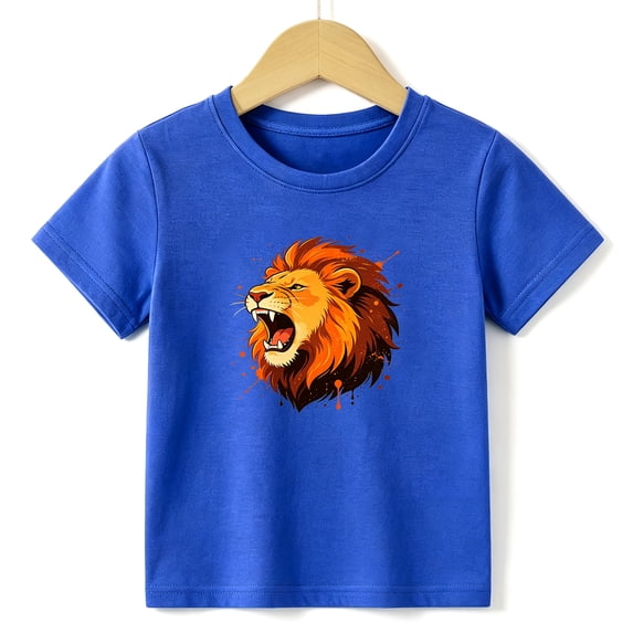 Boys Graphic Tees Roaring Lion Head Kids T Shirt Wild Animal Safari 100% Cotton Short Sleeve Soft Tops 4-13Y Blue