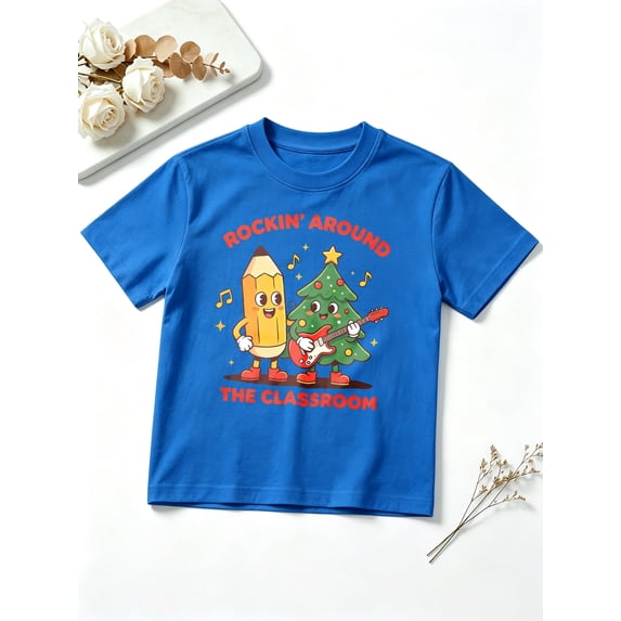 Boys Graphic Tees Rockin Around The Classroom Christmas Tree Short Sleeve Kids T-Shirt, 100% Cotton Soft Casual Tops for Children