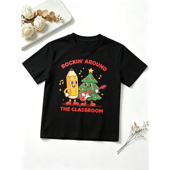 Boys Graphic Tees Rockin Around The Classroom Christmas Tree Short Sleeve Kids T-Shirt, 100% Cotton Soft Casual Tops for Children