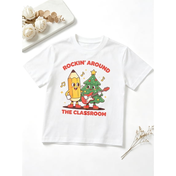 Boys Graphic Tees Rockin Around The Classroom Christmas Tree Short Sleeve Kids T-Shirt, 100% Cotton Soft Casual Tops for Children