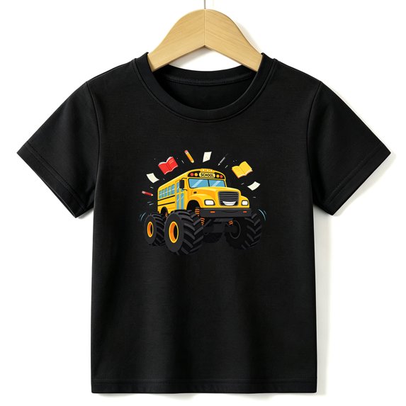 Boys Graphic Tees School Bus Kids T Shirt Monster Truck 100% Cotton Short Sleeve Soft Tops 4-13Y Black