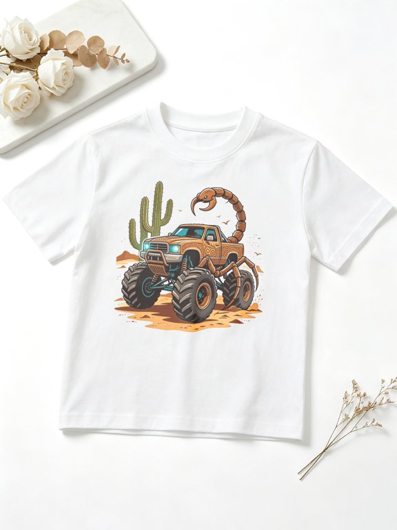 Boys Graphic Tees Scorpion Monster Truck Desert Short Sleeve Kids T-Shirt, 100% Cotton Soft Casual Tops for Children