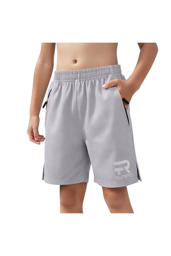 Boys Gray Athletic Active Shorts 6-14Y, 100% Polyester Quick Dry Breathable with Elastic Waist Drawstring, Zipper Pockets & Reflective Logo,Size 12-13T