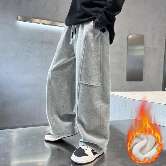 Boys Gray Fleece Lined Cotton Sweatpants - Adjustable Waist Patch Pockets, Oversized Wide Leg Streetwear for Kids 5-15 Years, School Casual Loungewear,Size 14-15 T