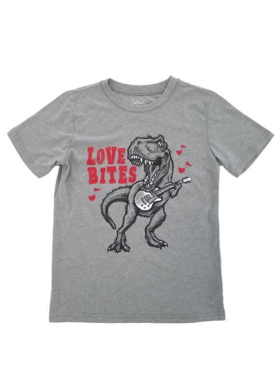 Boys Gray Love Bites T-Rex Dino Electric Guitar Valentines Day T-Shirt Medium