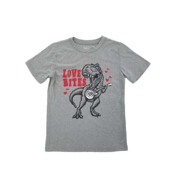 Boys Gray Love Bites T-Rex Dino Electric Guitar Valentines Day T-Shirt Medium