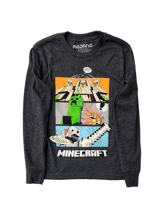 Boys Gray Minecraft Long Sleeve T-Shirt Mine Craft Tee Shirt T-Shirt
