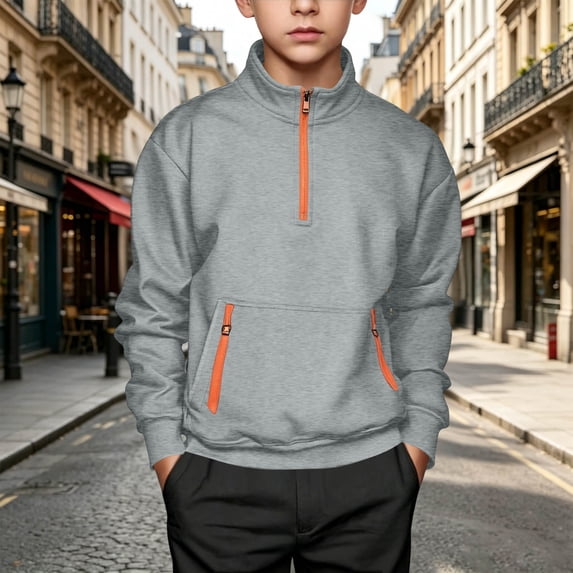 Boys Gray Quarter Zip Pullover Sweatshirt, Lightweight Long Sleeve Mock Neck with Kangaroo Pocket,Size 9-10T