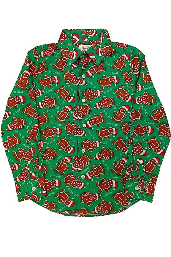 Boys Green Long Sleeve Button Front Gingerbread Man Holiday Dress Shirt Large