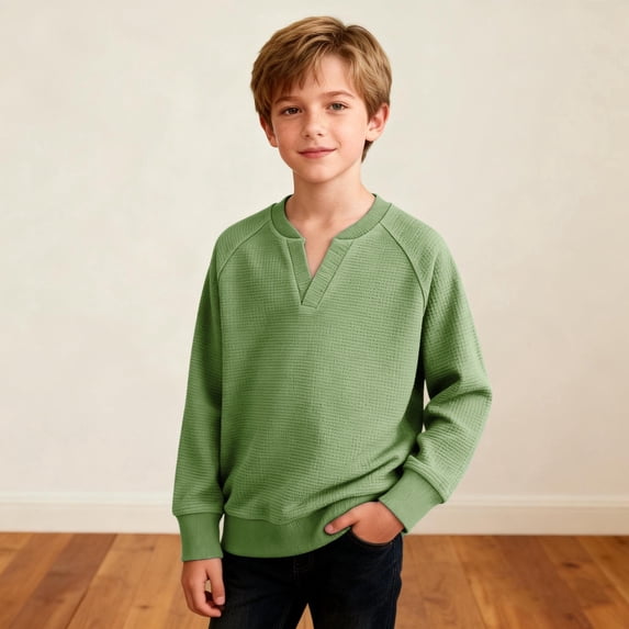 Boys Green Long Sleeve Henley Shirt - Soft Waffle Knit Top for Kids, Breathable Rayon Blend Casual Shirt Ages 4-12,Size 9 T