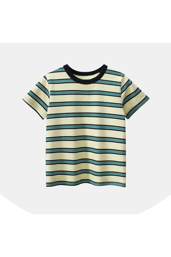 Boys Green Striped Short Sleeve T-Shirt 100% Cotton Crewneck Casual Top for Kids 2-10 Years,Size 5-6 T