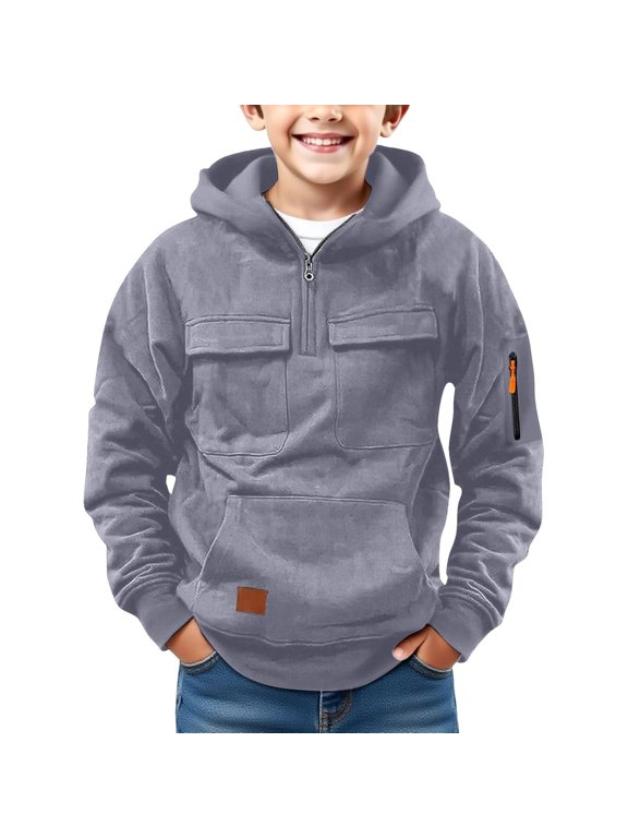 Boys Half Zip Hoodie Chest Flap Pockets Sweatshirts Long Sleeve Sleeve Zip Pocket Kangaroo Pocket Pullover Top Grey 120