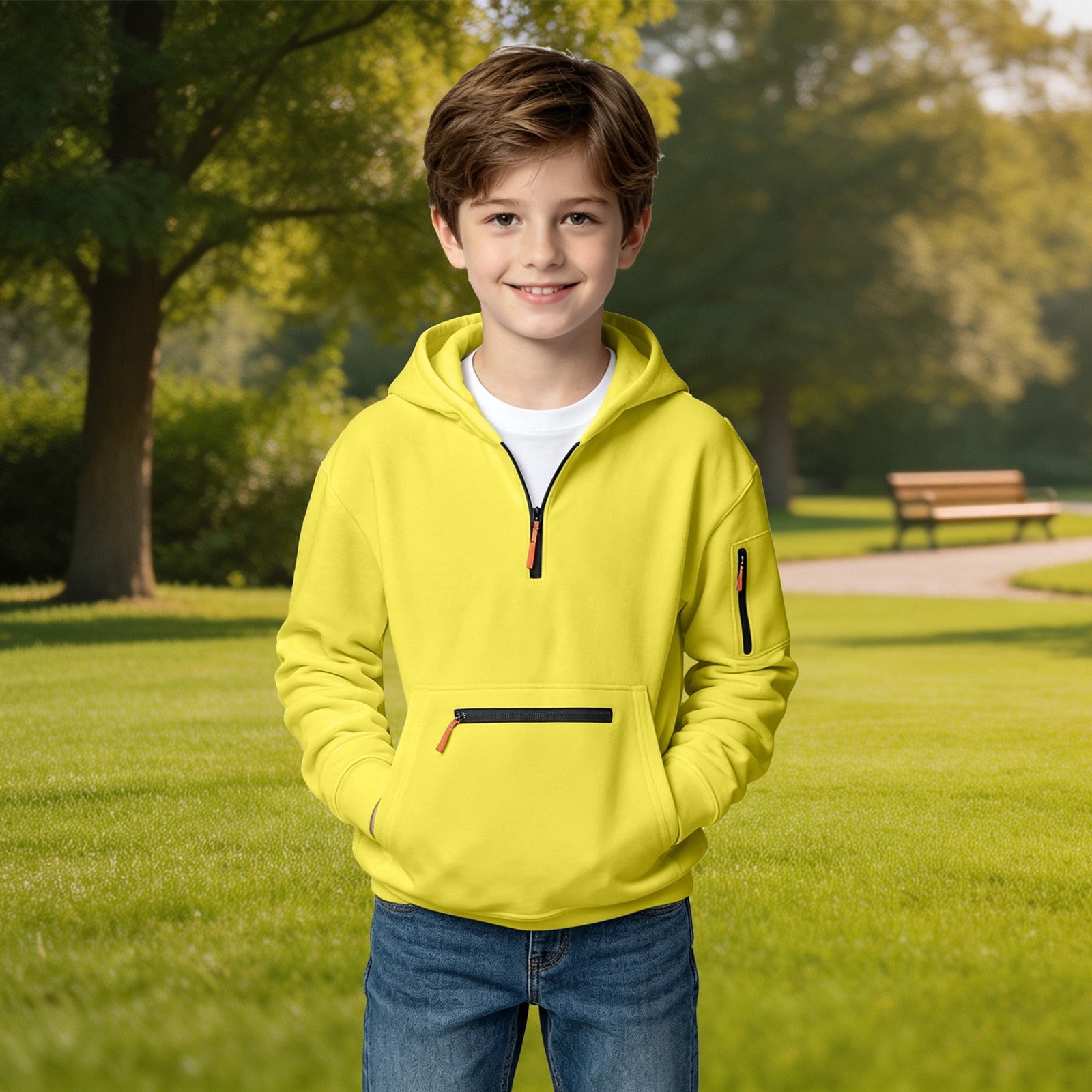 Yellow Shop Front Boys Half Zip Hoodies Solid Long Sleeve Sweatshirts Arm Zipper Pocket ...