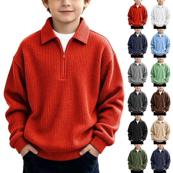 Boys Half Zip Sweatshirt Casual Lapel Collar Long Sleeve Sweatshirt Winter Comfortable Breathable Pullover Tops Sizes 3-14Y