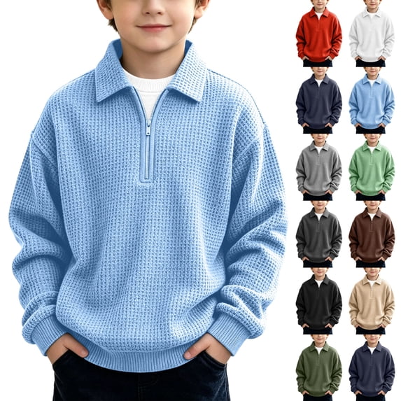 Boys Half Zip Sweatshirt Casual Lapel Collar Long Sleeve Sweatshirt Winter Comfortable Breathable Pullover Tops Sizes 3-14Y