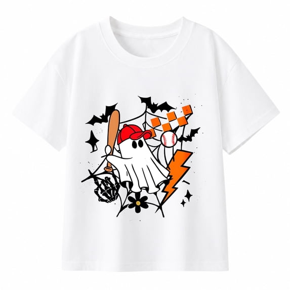 Boys' Halloween Baseball Ghost Graphic T-Shirt, Spooky Bat Web 100% Cotton Short Sleeve Shirt