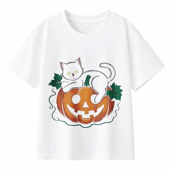 Boys Halloween Black Cat in Pumpkin Graphic T-Shirt, Cute Spooky Short Sleeve Shirt for Seasonal Wear