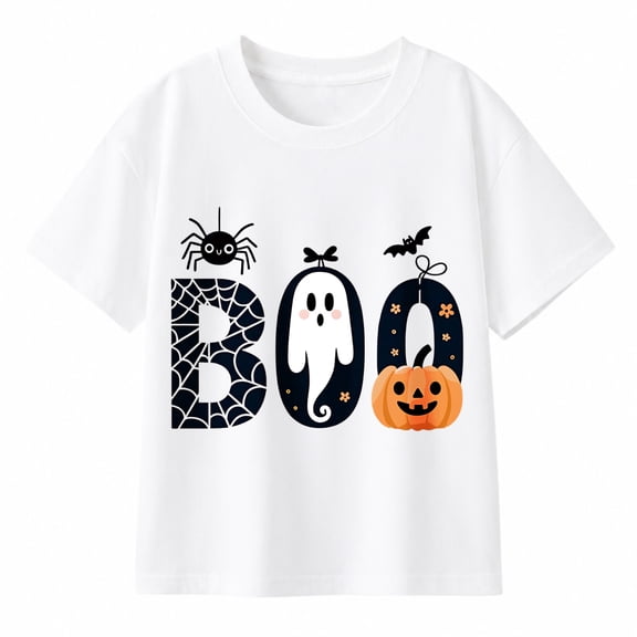 Boys' Halloween Boo Ghost Pumpkin Graphic T-Shirt, Spider Web Bat 100% Cotton Short Sleeve Shirt