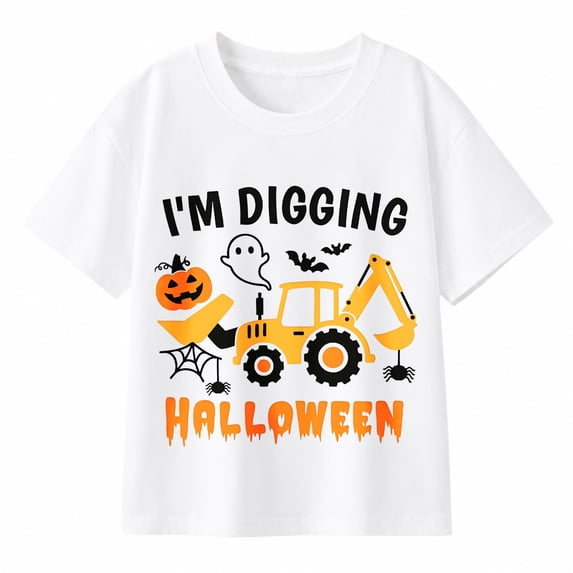 Boys' Halloween Construction Excavator Graphic T-Shirt, Pumpkin Ghost 100% Cotton Short Sleeve Shirt
