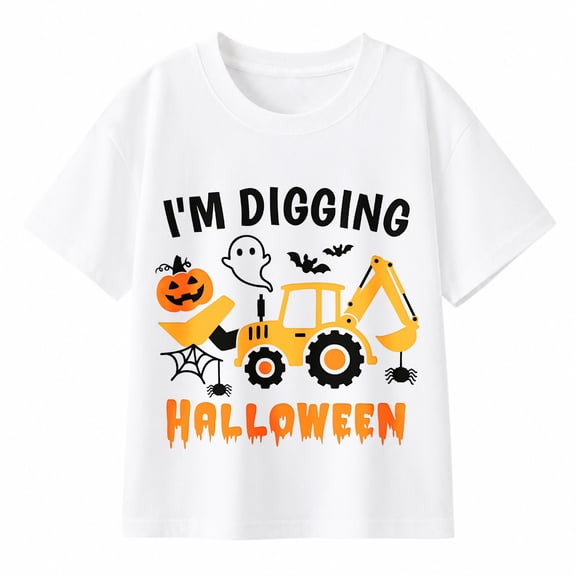 Boys' Halloween Construction Excavator Graphic T-Shirt, Pumpkin Ghost 100% Cotton Short Sleeve Shirt