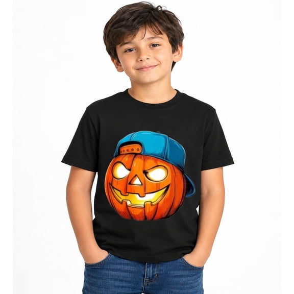 Boys Halloween Cool Pumpkin with Cap Graphic T-Shirt, Cute Spooky Short Sleeve Shirt for Seasonal Wear