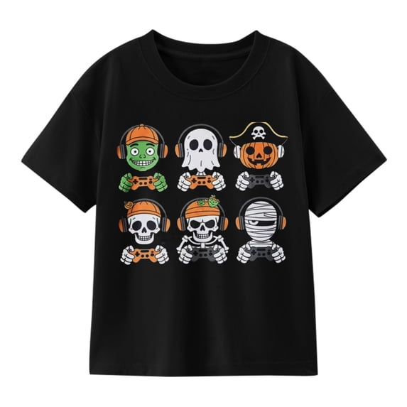 Boys Halloween Gamer Monster Group Halloween T-Shirt, Spooky Graphic Short Sleeve Shirt for Fall and Seasonal Wear
