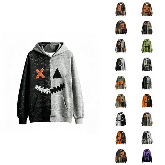Boys Halloween Hooded Sweatshirt Patchwork Graphic Pullover Hoodie 1-16 Years Halloween Party Outfit