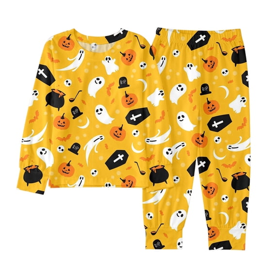 Boys Halloween Pajama Set Soft Two Piece Sleepwear Pumpkin Ghost Print Toddler White Orange