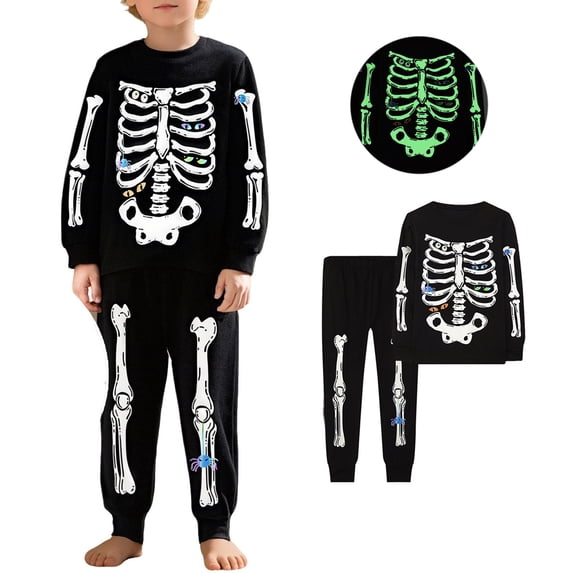 Boys Halloween Pajamas Glow in Dark Crew Neck Unisex Long Sleeve Skeleton Pjs Sleepwear Lounge Set Pajamas for Girls Size 2-8 Years