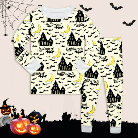 Boys Halloween Pajamas Set Pumpkin Ghost Bat Print Boys Pajamas Set Crewneck Long Sleeve Top Nightwear with Pants Set Toddler Cute Pjs for Girls 3-4 Years