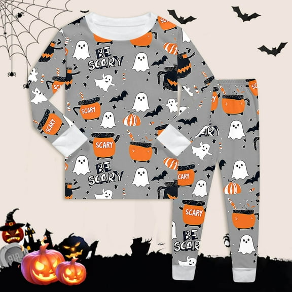Boys Halloween Pajamas Set Pumpkin Ghost Print Boys Pajamas Set Crewneck Soft Comfort Long Sleeve Top Pants Set Toddler 2 Years Pajamas Boy