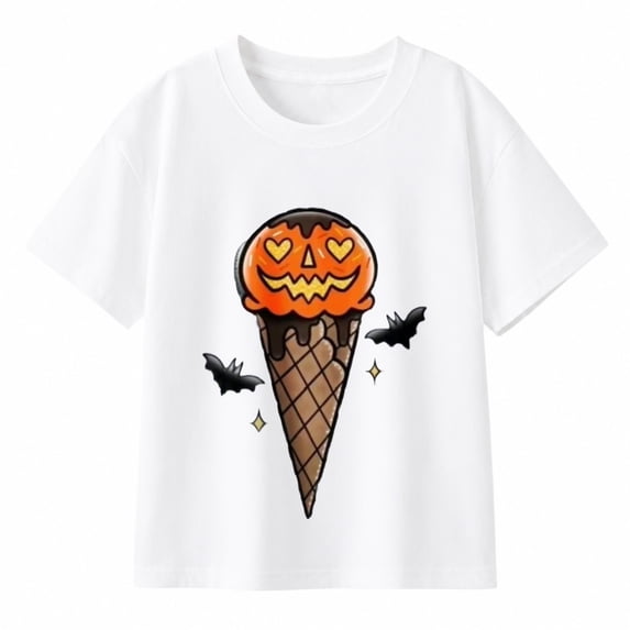 Boys Halloween Pumpkin Ice Cream Cone Graphic T-Shirt, Cute Spooky Short Sleeve Shirt for Seasonal Wear