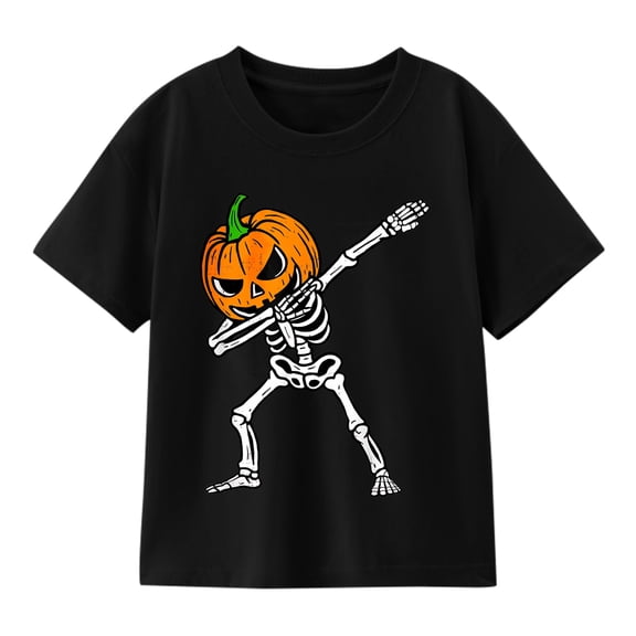 Boys' Halloween Pumpkin Skeleton Graphic T-Shirt, Funny Dancing Jack O Lantern 100% Cotton Short Sleeve Shirt