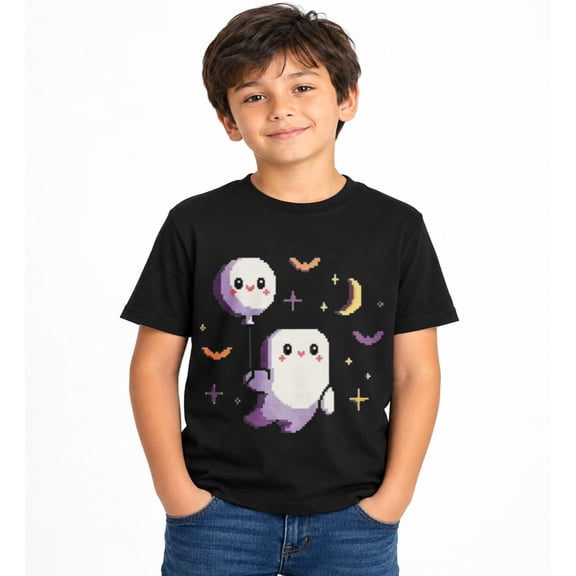 Boys Halloween Purple Ghosts with Bats and Moon Graphic T-Shirt, Cute Spooky Short Sleeve Shirt for Seasonal Wear