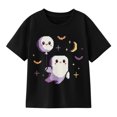 thumbnail image 1 of Boys Halloween Purple Ghosts with Bats and Moon Graphic T-Shirt, Cute Spooky Short Sleeve Shirt for Seasonal Wear, 1 of 5