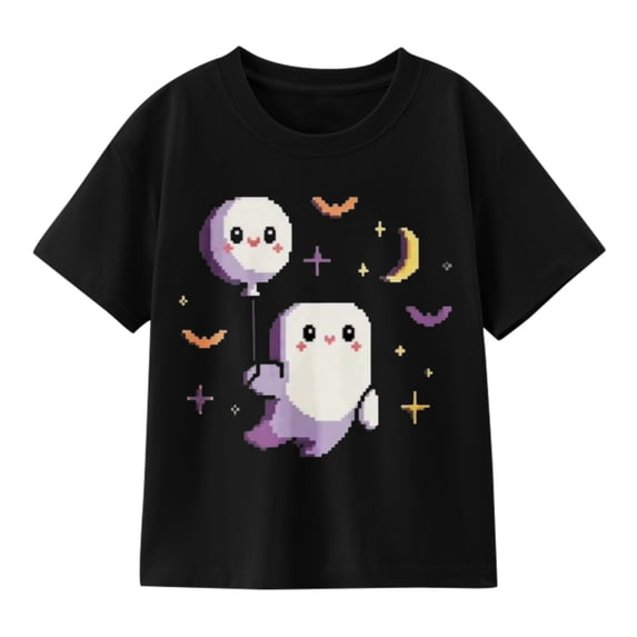 Boys Halloween Purple Ghosts with Bats and Moon Graphic T-Shirt, Cute Spooky Short Sleeve Shirt for Seasonal Wear
