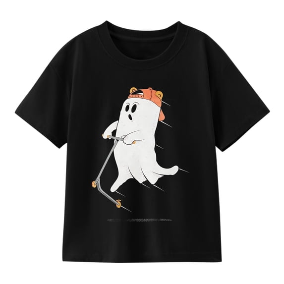 Boys' Halloween Scooter Ghost Graphic T-Shirt, Cute 100% Cotton Short Sleeve Shirt