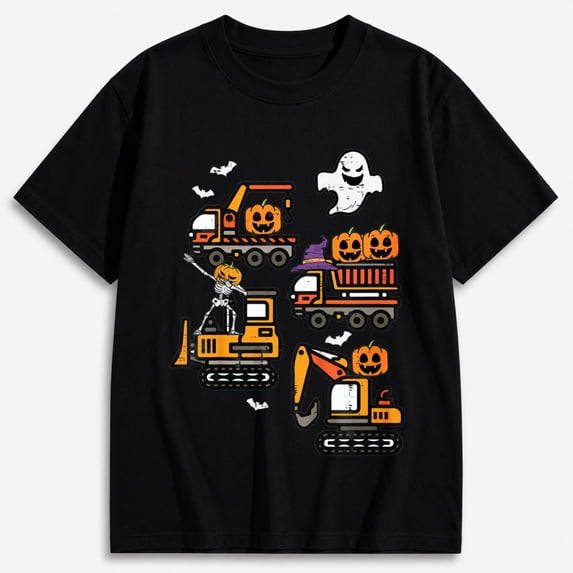 Boys Halloween Shirt, Construction Trucks with Pumpkins and Ghost Graphic T-Shirt