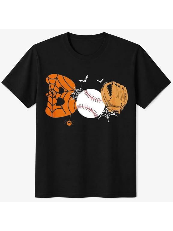Boys Halloween Shirt with Baseball Glove Bat Pumpkin Web Graphic, Spooky Sports T-Shirt