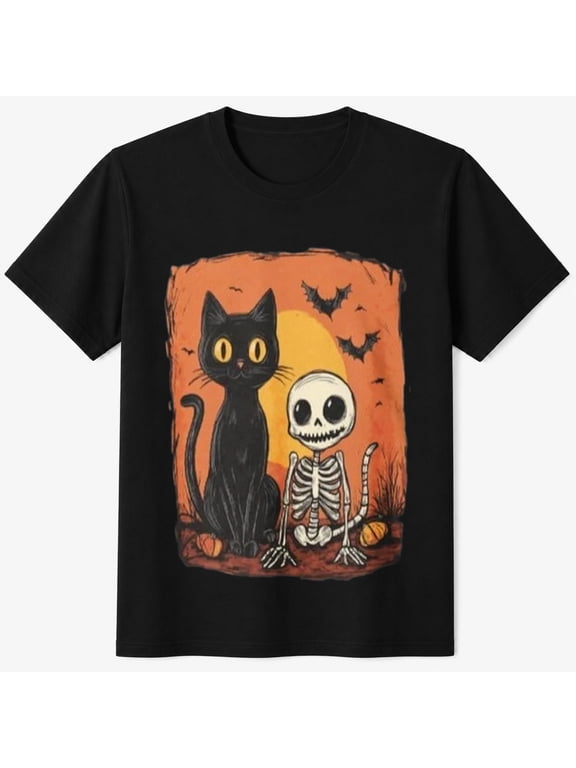 Boys Halloween Shirt with Black Cat and Skeleton Graphic, Retro Spooky Kids T-Shirt
