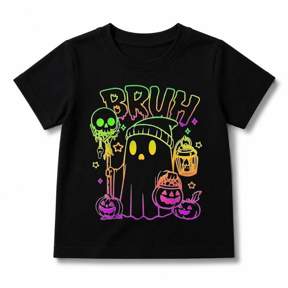 Boys Halloween Shirt with Bruh Skull Tombstone and Pumpkin Graphic, Short Sleeve