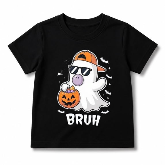 Boys Halloween Shirt with Bruh Sunglasses Ghost and Pumpkin Graphic, Short Sleeve
