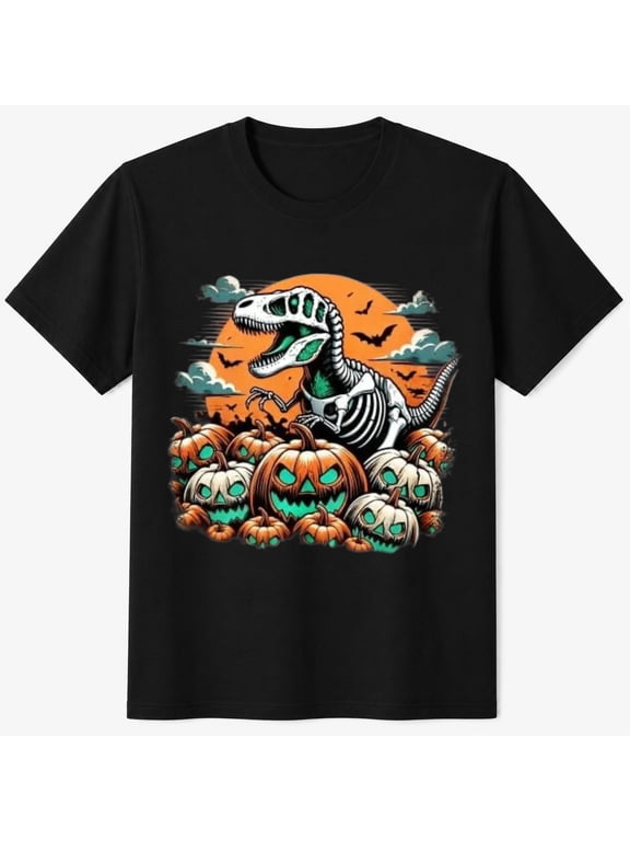 Boys Halloween Shirt with Dinosaur and Pumpkins Graphic, Spooky Jurassic Kids T-Shirt